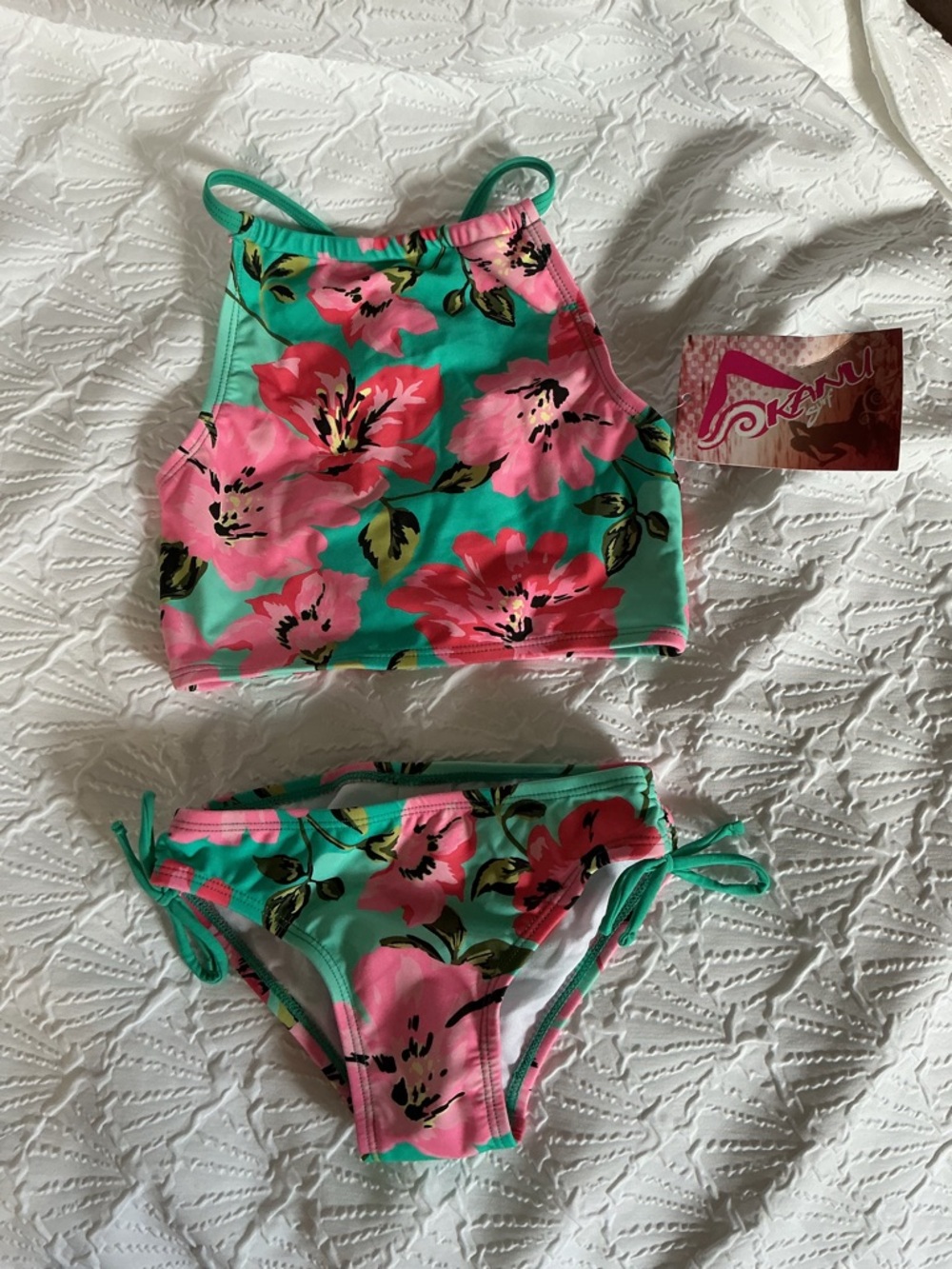 Girls' Turquoise Floral Two-Piece Bikini - Pink Flower Print